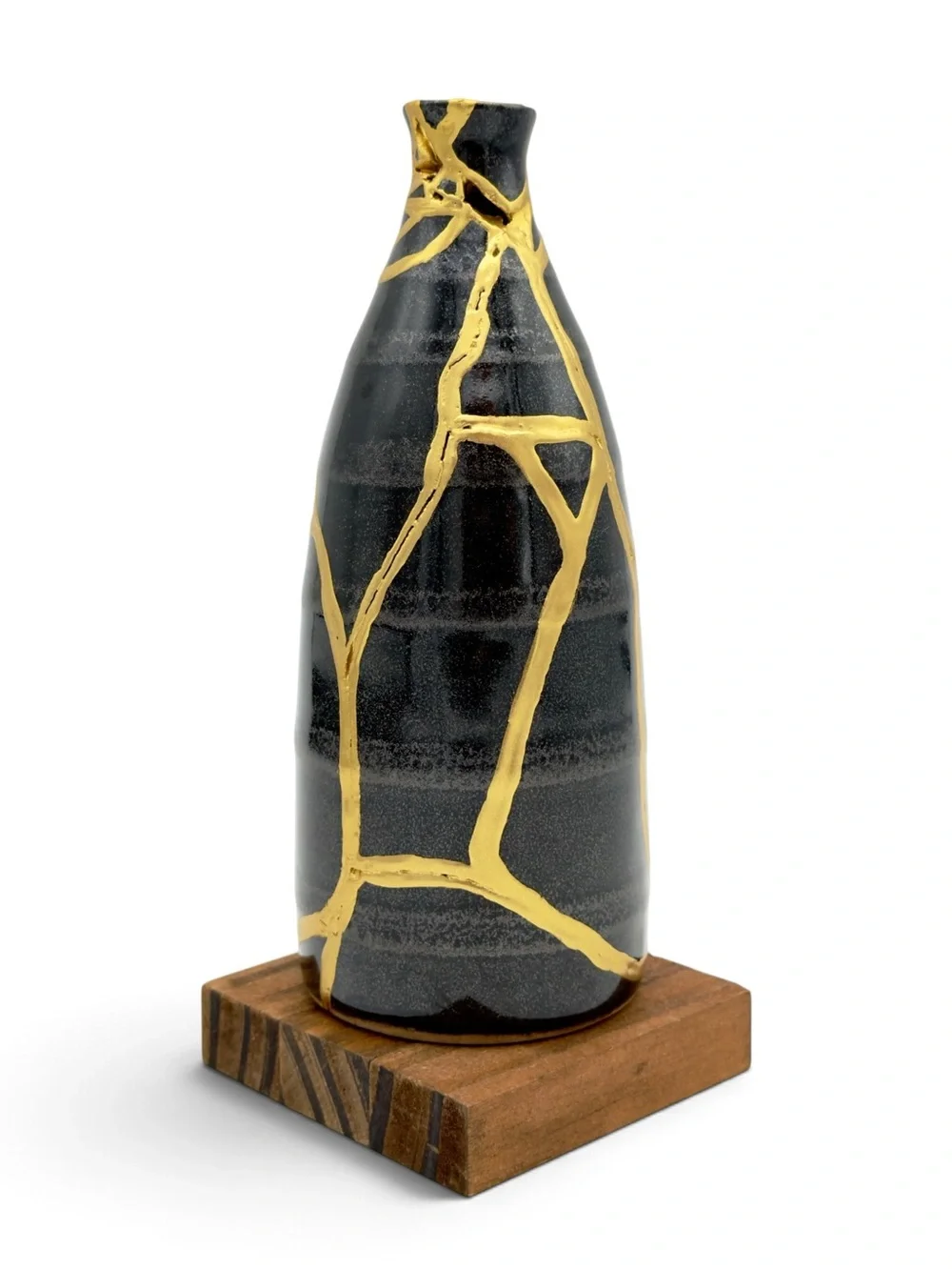 Kintsugi Vase Striped Black Pottery Gold Crack Art Growth Anniversary Gift